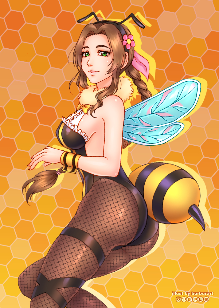 1girls aerith_gainsborough alternate_costume ass bangs bee_costume bee_girl braid braided_hair brown_hair burbur collar costume cuffs exotic_dancer final_fantasy final_fantasy_vii final_fantasy_vii_remake fishnet frills green_hair honey_bee_inn honeybee_inn_uniform legs leotard light_skin pantyhose sheer_legwear sideboob wings