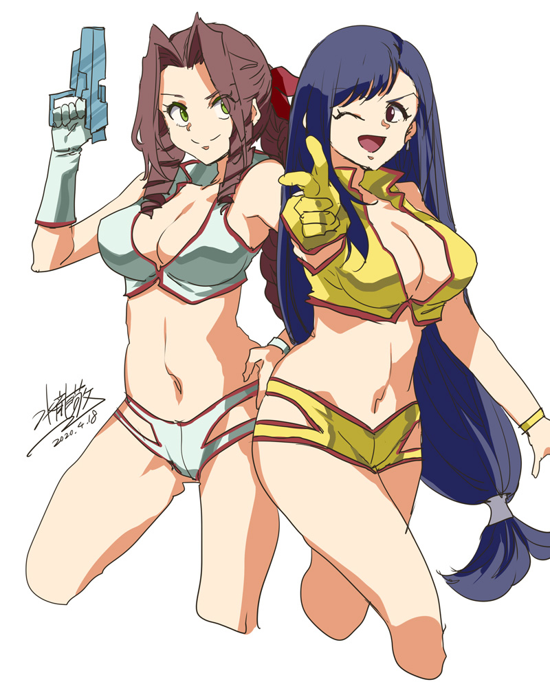 aerith gainsborough, cleavage, cosplay, crossover, dirty pair, female, final fantasy, final fantasy vii, guns, half naked, kei (dirty pair) (cosplay), mizuryuu kei, outfit swap, pose, small clothes, tifa lockhart, yuri (dirty pair) (cosplay)