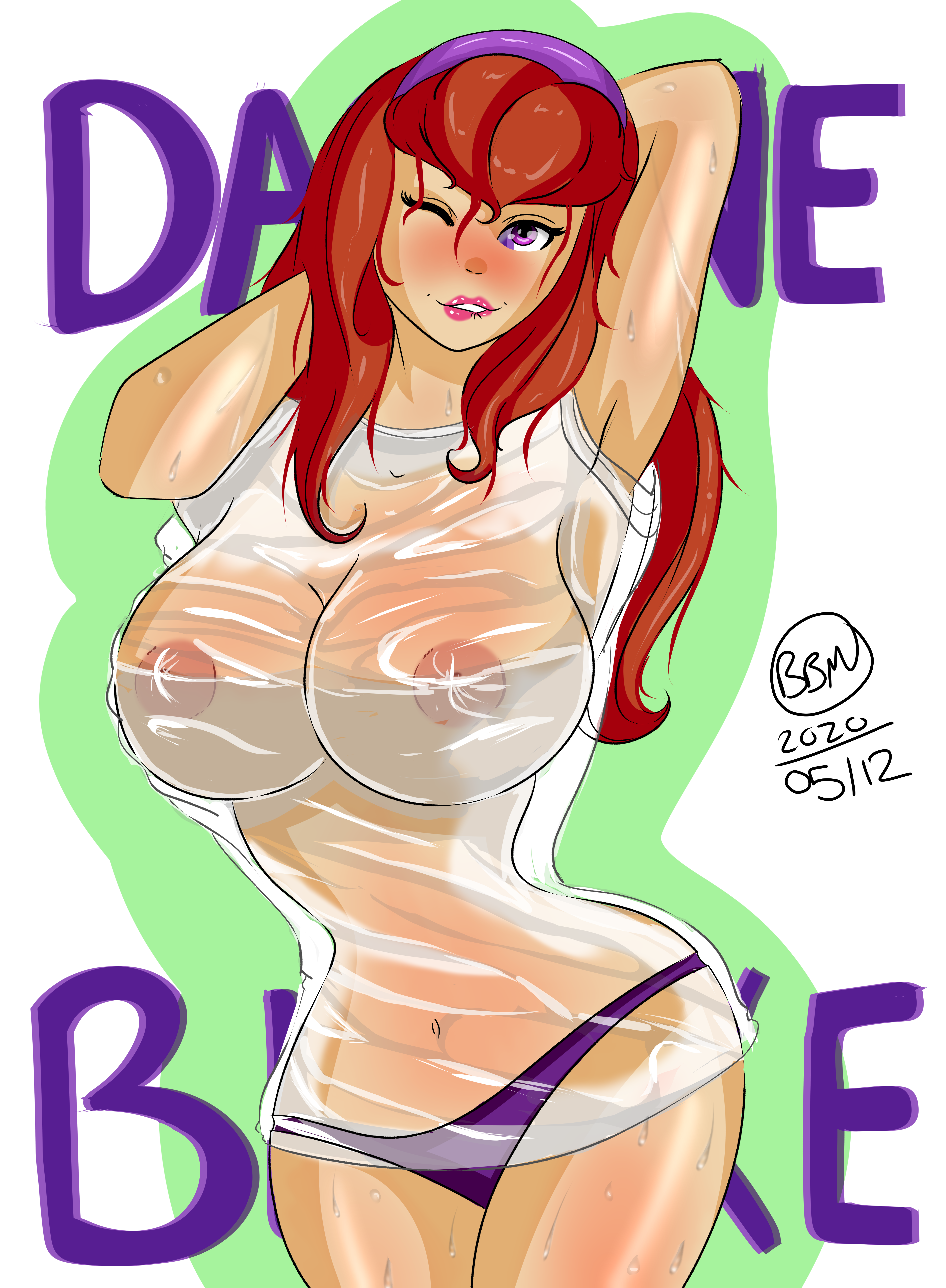 big breasts, biting lip, breasts, bunbunmuffinart, character name, daphne blake, female, ginger, ginger hair, hanna-barbera, nipples, panties, purple eyes, red hair, scoob!, scooby-doo, signature, tanned skin, text, tight clothes, tight clothing, tight fit, tv, voluptuous, wet, wet clothes, wet shirt, wet skin, white shirt