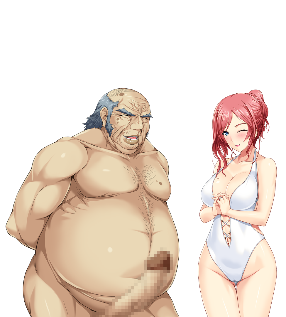 1boy 1girls 2d 2d_(artwork) alice_soft arima_shiori big_breasts blue_eyes censored cg clothed_female_nude_male couple duo fat_man father-in-law_and_daughter-in-law hands_behind_back hands_together heartful_maman highres huge_cock kinosaki_juuzo legs legs_together lips lipstick looking_at_viewer milf mosaic_censoring mother nude_male old_man onigirikun photoshop red_hair smile standing swimsuit tagme thick_thighs thighs transparent_background white_swimsuit wink