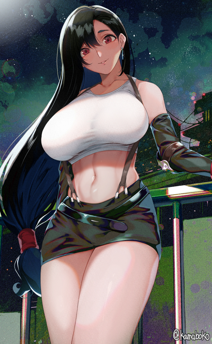 1girls, abs, bangs, big breasts, black hair, breasts, clothed, female, female only, final fantasy, final fantasy vii, gloves, hanging breasts, hips, huge breasts, kamaboko (ossann0125), large breasts, leather, leather skirt, long hair, looking at viewer, looking down, midriff, midriff baring shirt, miniskirt, ponytail, red eyes, short skirt, skirt, smile, solo, solo female, stomach, suspenders, tank top, thick, thick thighs, thighs, tifa lockhart, tight clothing, tight shirt, tight skirt, white shirt, wide hips
