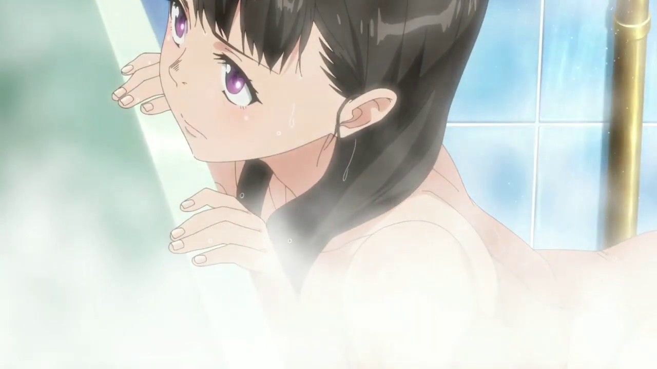 1girls, bent over, black hair, enen no shouboutai, female, fire force, naked, nude, nude female, oze maki, purple eyes, steam censor