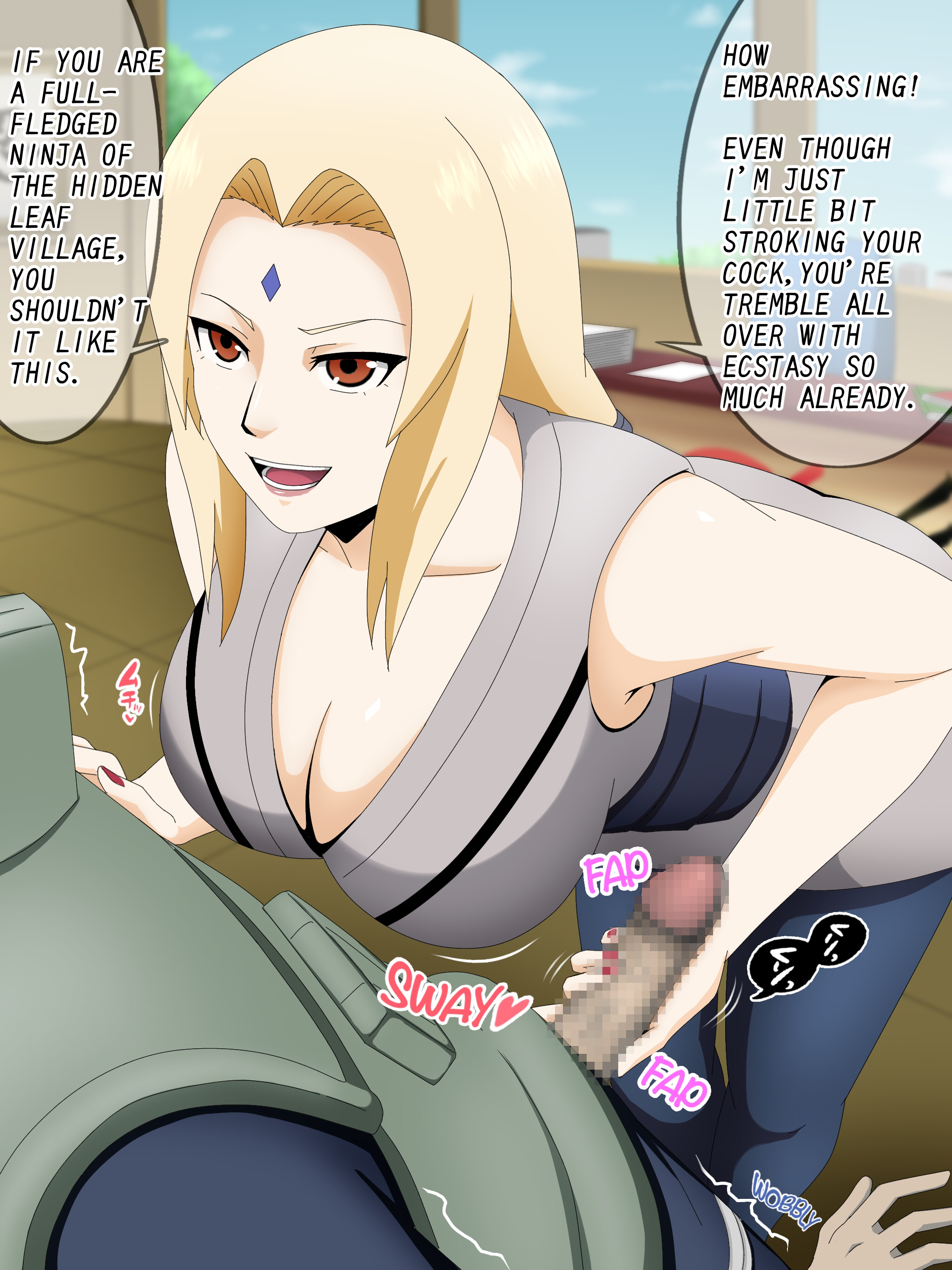 big breasts, blonde hair, breasts, brown eyes, english text, female, garam masala (7355873), handjob, long hair, male, mature female, milf, naruto, naruto (series), penis, penis grab, straight, text, tsunade, twintails