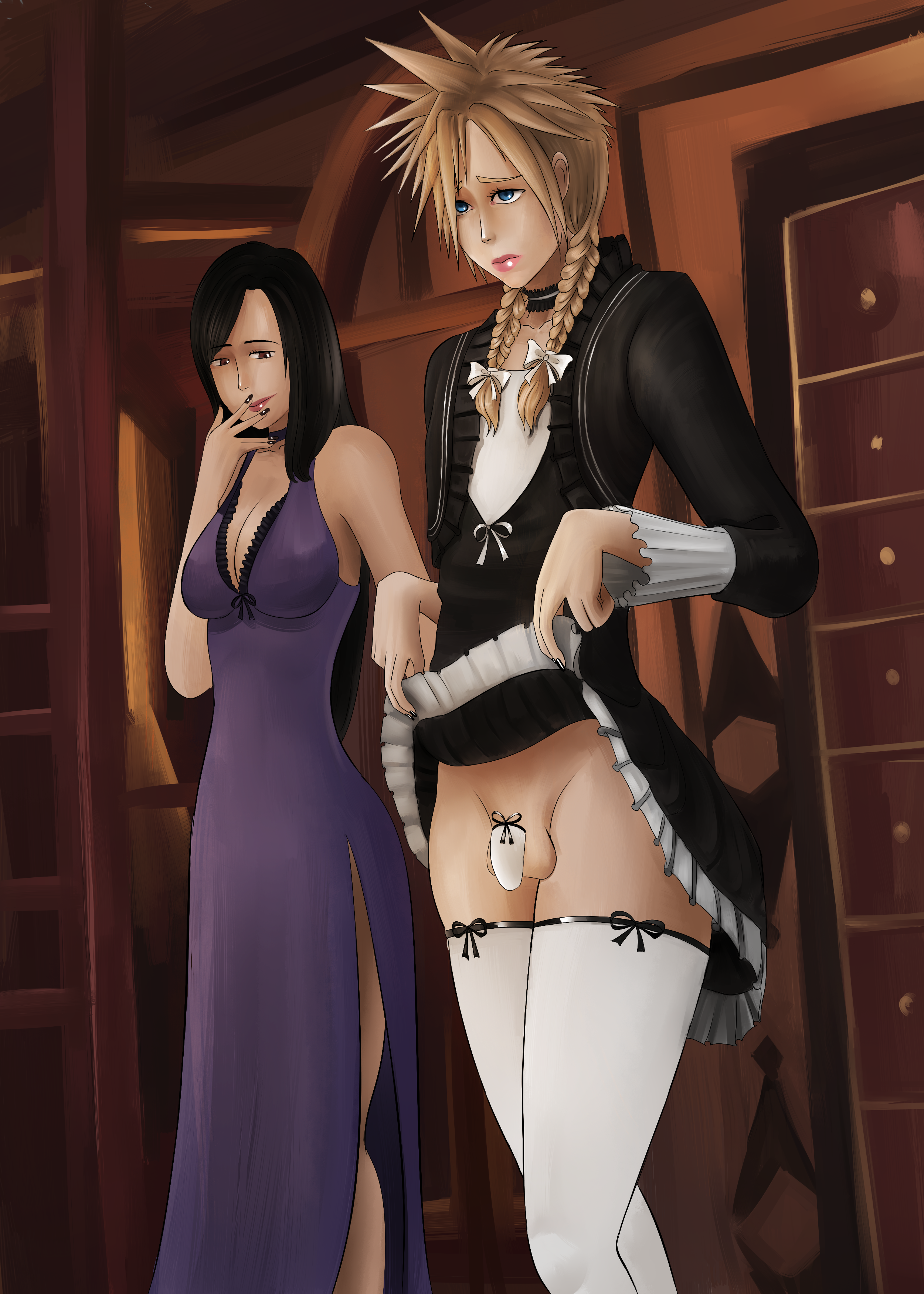 1boy, 1girls, blonde, blonde hair, bowtie, cloud strife, crossdressing, detailed background, embarrassed, eyebrows, eyebrows visible through hair, eyelashes, female, femboy, femdom, feminine male, final fantasy, final fantasy vii, fingernails, forced exposure, girly, humiliation, maid, maid uniform, male, pastelcherry, penis, sissification, sissy, skirt, skirt lift, small penis, thigh highs, thighhighs, thighs, tifa lockhart