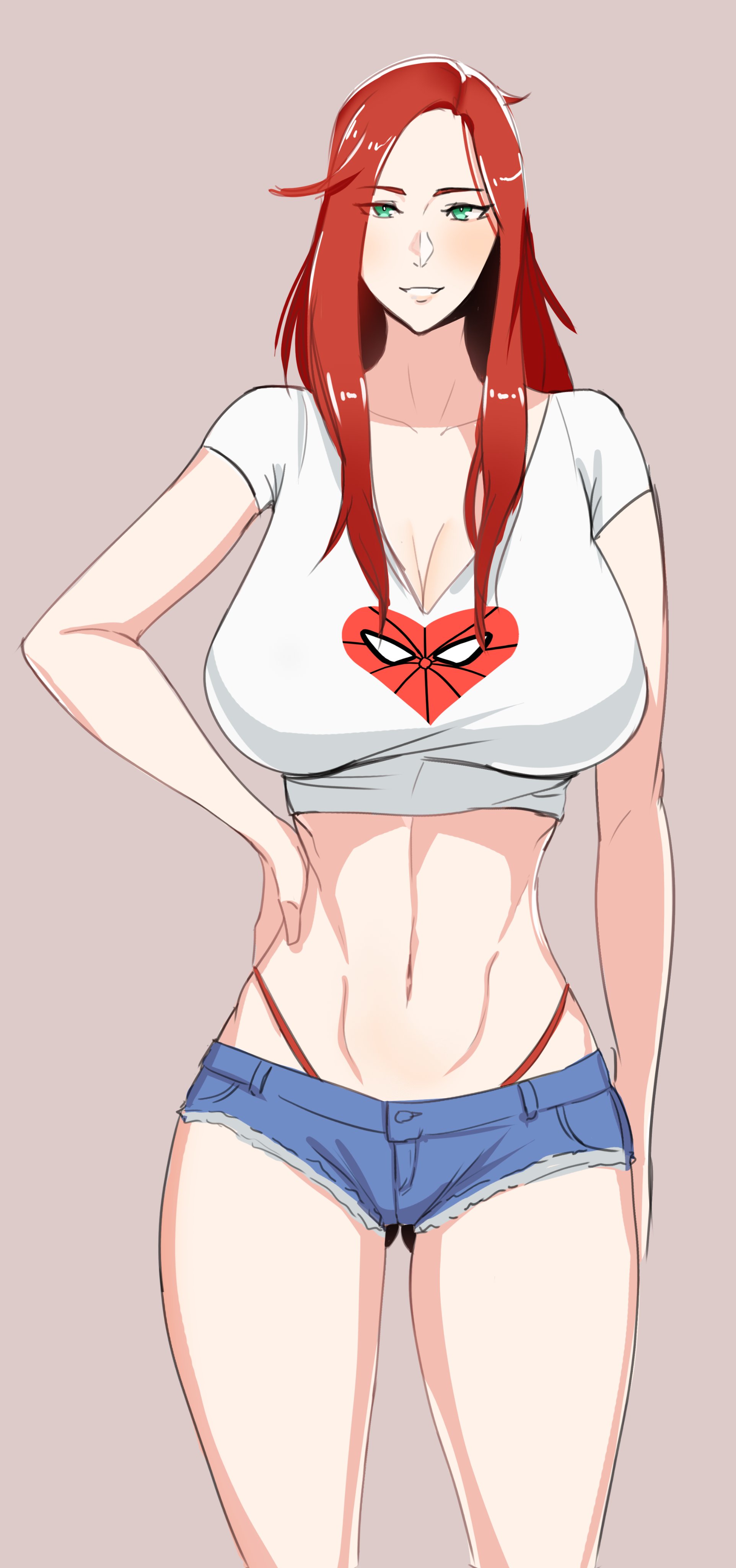 big breasts, breasts, female, female only, green eyes, marvel, marvel comics, mary jane watson, red hair, shorts, solo, spider-man (series), thong, yen (artist)