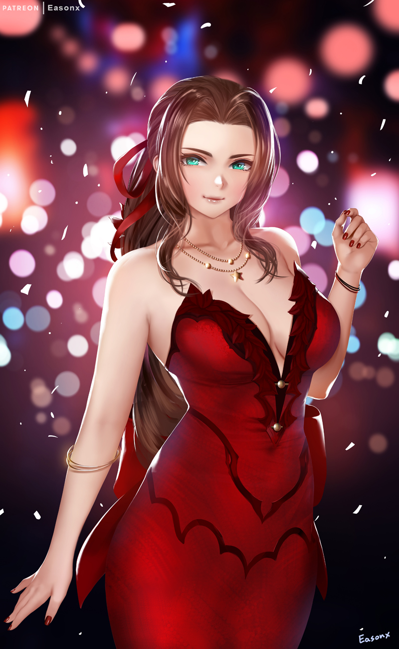 1girls aerith_gainsborough big_breasts breasts brown_hair cleavage dress easonx female female_only final_fantasy final_fantasy_vii final_fantasy_vii_remake green_eyes large_breasts looking_at_viewer solo square_enix