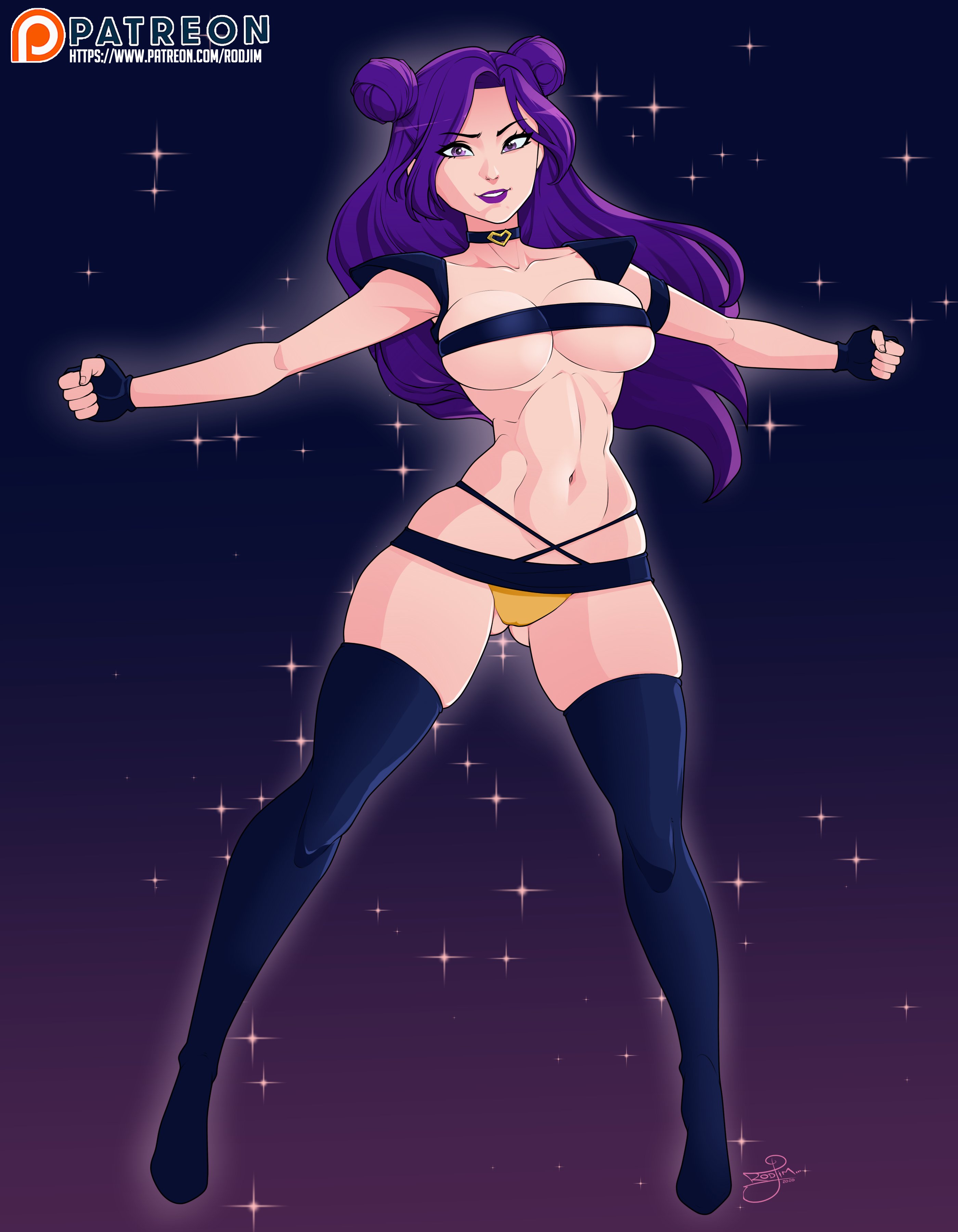1girls, 2020, artist name, ass visible through thighs, big breasts, black gloves, black legwear, black skirt, black stockings, black thighhighs, breasts, bursting breasts, busty, cameltoe, choker, cleavage, clothing, collarbone, covered nipples, curvy, dated, double bun, eyebrows visible through hair, eyelashes, female, female only, fingerless gloves, full cleavage, fully clothed, gloves, hair buns, hairbuns, highres, huge breasts, k/da kai'sa, k/da series, kai'sa, large breasts, league of legends, legwear, lips, lipstick, long hair, looking at viewer, miniskirt, navel, panties, patreon, patreon username, purple background, purple eyes, purple hair, purple lipstick, pussy, revealing clothes, riot games, rodjim, sexually suggestive, shiny hair, signature, skimpy, skimpy clothes, smile, smiling, solo, standing, stockings, teeth, text, thick thighs, thighhighs, underwear, video game, video games, voluptuous, wide hips, yellow panties, yellow underwear