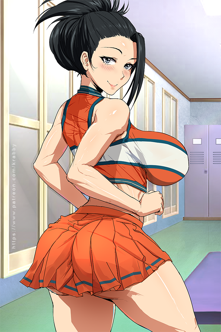 1girls, ass, big breasts, black hair, black-haired female, blush, breasts, cheerleader, cheerleader uniform, female, female only, krabby (artist), large breasts, looking at viewer, looking back, momo yaoyorozu, my hero academia, solo, u.a. cheerleader outfit