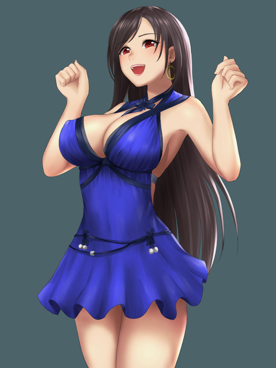 accessories, alternate costume, belt, between breasts, big breasts, blue dress, blush, bow, breasts, brown hair, cleavage, dress, earring, erect nipples, excited, female, final fantasy, final fantasy vii, final fantasy vii remake, hei yinrinka, huge breasts, jewelry, large breasts, light skin, long hair, nipples, open mouth, purple dress, red eyes, ribbon, short dress, tifa lockhart, tifa lockhart (refined dress)