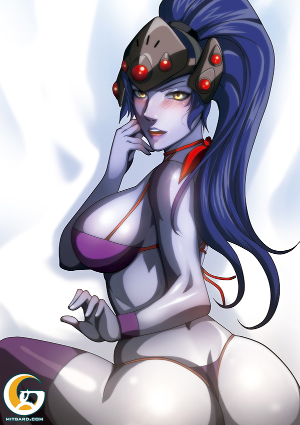 1girls big_ass big_breasts blizzard_entertainment blue_hair blush dat_ass female female_only from_behind_position headgear mitgard-knight mouth_hold overwatch purple_skin sci-fi science_fiction scifi solo solo_female solo_focus thong underwear widowmaker