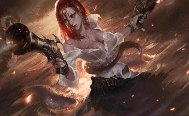 1girls, artist request, cleavage, female, gun, league of legends, miss fortune, mostly clothed, partially submerged, red hair, sarah fortune, solo, tentacle, water, wet, wet clothes