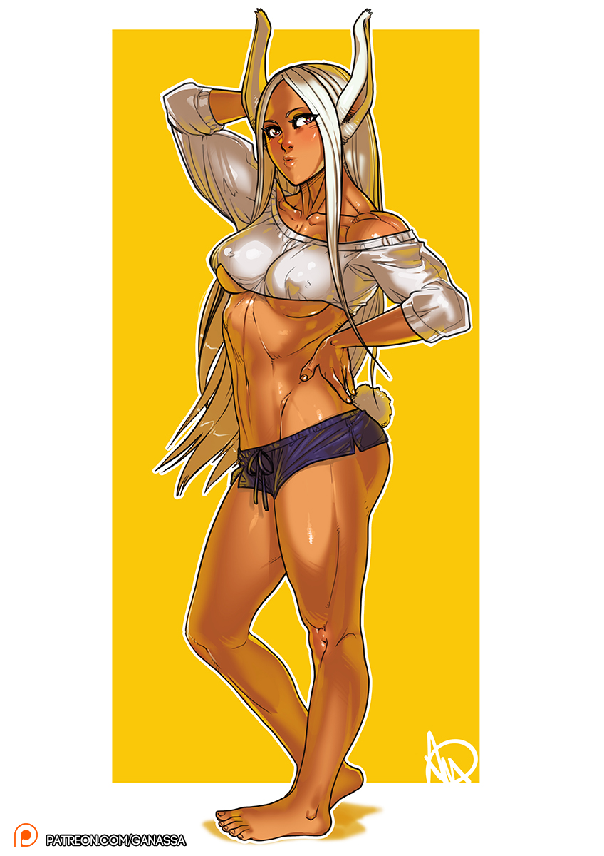 1girls, barefoot, breasts, bunny ears, bunny tail, cleavage, dark skin, dark-skinned female, erect nipples, feet, female, female only, ganassa, looking at viewer, miruko, my hero academia, nipples, rabbit humanoid, red eyes, rumi usagiyama, short shorts, solo, uncensored, white hair