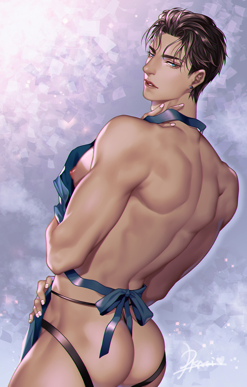 ambush_(trap) androgynous apron ass back black_hair blue_eyes dkaki femboy looking_at_viewer male male_only nipples pecs solo