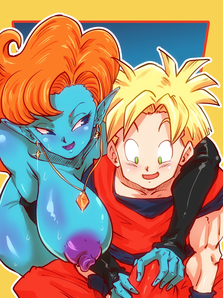 1boy, 1girls, age difference, alien girl, arm sleeves, big breasts, big nipples, big penis, blue skin, breasts, clothed, clothed male nude female, dragon ball, dragon ball z, earrings, erection under clothes, female, hand on penis, human, humanoid, hybrid, interspecies, long hair, male, male saiyan, older female, orange hair, penis, pointy ears, race of hera, rickert kai, saiyan, seductive, seductive smile, shounen jump, smirk, son gohan, son gohan (young), super saiyan, teal eyes, teenager, young, younger male, zangya