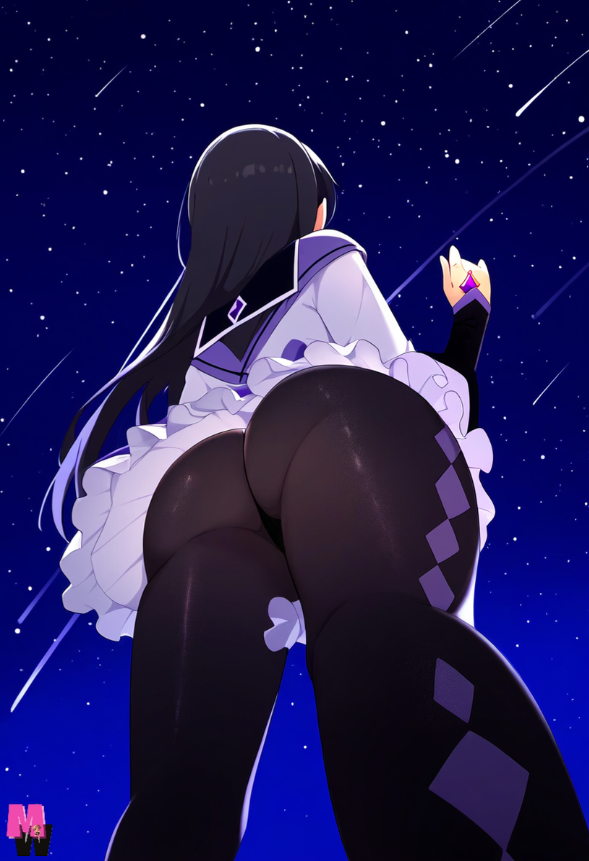 1girls ai_generated akemi_homura artist_logo ass ass_focus back_view black_hair female from_below kyuubee long_hair madoka_worship magical_girl magical_girl_outfit mahou_shoujo_madoka_magica nonude pantyhose puella_magi_madoka_magica purple_eyes ribbon solo solo_female straight_hair