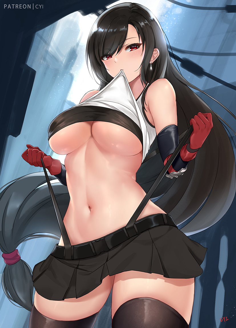 armor, bangs, big breasts, black hair, breasts, brown hair, clothing lift, cyi, cyicheng, earring, female, female only, final fantasy, final fantasy vii, final fantasy vii remake, gloves, large breasts, light skin, long hair, looking at viewer, miniskirt, nipples, nipples visible through clothing, pleated skirt, red eyes, revealing clothes, shiny skin, shirt lift, short skirt, skin, skirt, solo, solo female, solo focus, sports bra, stomach, strap pull, suspenders, thick thighs, thighhighs, thighs, tifa lockhart, tight clothing, underboob, upskirt