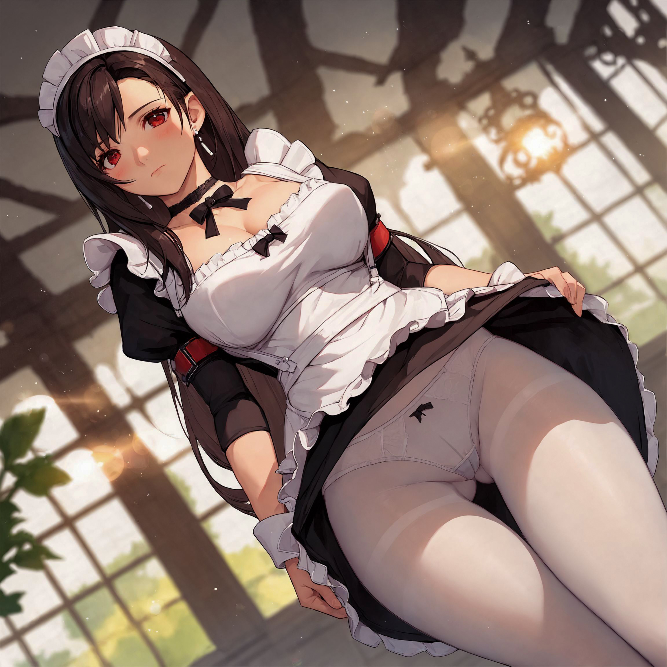 1girls, adapted costume, ai generated, alex-schura, apron, ass, ass visible through thighs, big breasts, bowtie, breasts, brown hair, brunette, choker, cleavage, collar, detached collar, double bun, dress, dress lift, dutch angle, earrings, female, female only, final fantasy, final fantasy vii, final fantasy vii remake, from below, huge breasts, jewelry, lifted by self, lipstick, looking at viewer, low ponytail, low-tied long hair, maid, maid apron, maid headdress, maid outfit, maid uniform, makeup, mature, mature female, milf, nai diffusion, no bra, panties, panties under pantyhose, pantyhose, pantyshot, pantyshot (standing), pinup, red eyes, sagging breasts, shoulder pads, solo, solo focus, square enix, stable diffusion, standing, thick thighs, thighs, tifa lockhart, twin buns, very long hair, viewed from below, voluptuous