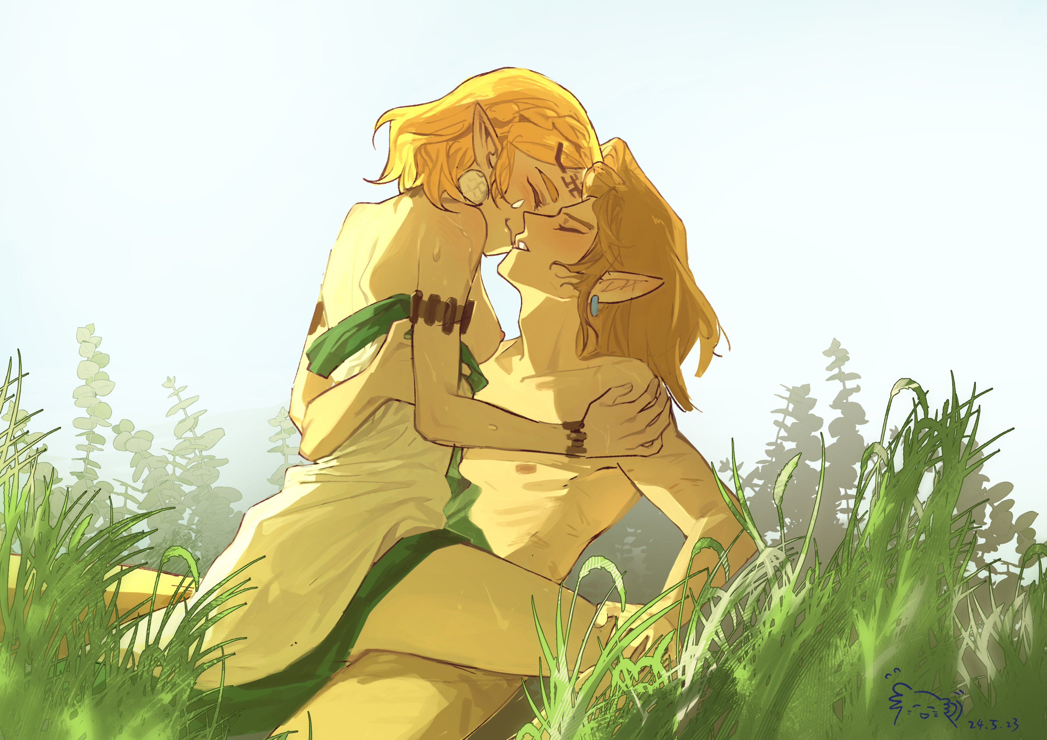 1boy, 1girls, 2d, ambiguous penetration, arm around partner, blonde hair, blush, braided hair, breasts, breath of the wild, closed eyes, clothed sex, color, cowgirl position, earrings, elf ears, female, female on top, female penetrated, hair ornament, hand on another's leg, hand on another's shoulder, happy sex, highres, implied penetration, implied sex, link, link (breath of the wild), link (tears of the kingdom), long hair, looking pleasured, male, male penetrating, male penetrating female, nipples, omm silvia, outdoor sex, outdoors, pants, partially clothed, pointy ears, princess zelda, romantic, shirtless, short hair, smile, straight, sweat, tears of the kingdom, the legend of zelda, vaginal penetration, wholesome, zelda (tears of the kingdom)
