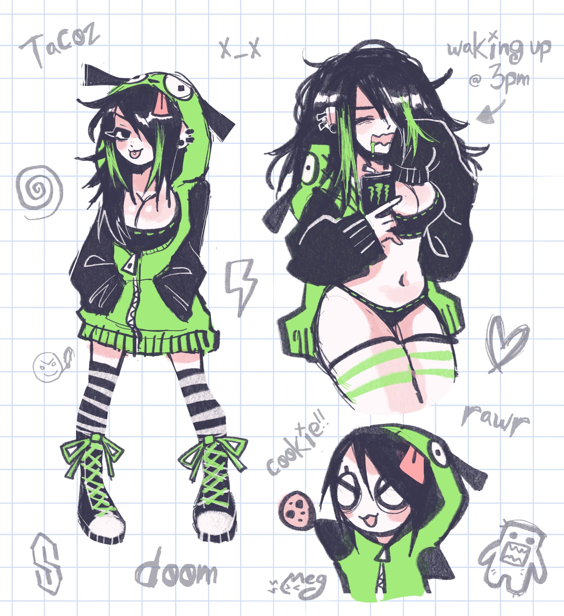 2025, black bra, black hair, black panties, bra, breasts, cleavage, clothing, cookie, ear piercing, english text, female, gir hoodie, gir(l) (megrocks), green highlights, hoodie, long hair, looking at viewer, matching underwear, megrocks, messy hair, monster energy, navel, no pants, original, panties, piercing, scene, scene hair, scenecore, sneakers, spread legs, standing, striped legwear, text, thighhighs, thighs, tongue piercing