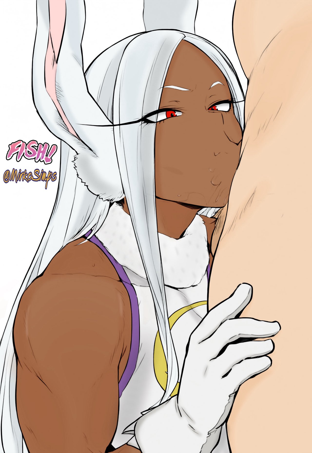 1boy :&gt;= animal_ears artist_collaboration bare_shoulders boku_no_hero_academia breasts clothed_female_nude_male colorized crescent_print dark-skinned_female dark_skin deepthroat english_commentary fellatio female fur_collar gloves highres large_breasts leotard long_eyelashes long_hair mirko mirkosimps nude oral out_of_frame parallaxfused parted_bangs rabbit_ears rabbit_girl red_eyes saliva sleeveless_turtleneck_leotard straight taut_leotard testicles toned_female white_gloves white_hair white_leotard