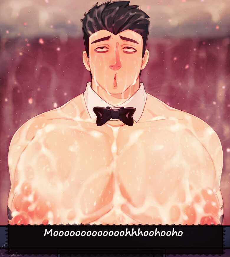 1boy after_milking ahe_gao ahegao animal_print bara bara_tiddies bara_tits big_breasts big_pecs black_bowtie black_hair bowtie bowtie_only busty covered_in_cum covered_in_milk cum_explosion cum_on_breasts cum_on_chest cum_on_face cum_on_pecs cum_on_pectorals cum_on_self cumming erect_nipples excessive_cum excessive_milk francis_mosses huge_breasts huge_pecs huge_pectorals human human_only light-skinned_male light_skin looking_up male male_ahegao male_chest male_focus male_milking male_nipples male_only manboobs milk_squirt milking milking_breasts milking_cum milking_machine milkman moan moaning moaning_in_pleasure moobs mouth_open muscular muscular_male nipples open_mouth orgasm orgasm_face pecs pectorals solo solo_focus solo_male standing sweat sweating talking_to_viewer text text_box that's_not_my_neighbor