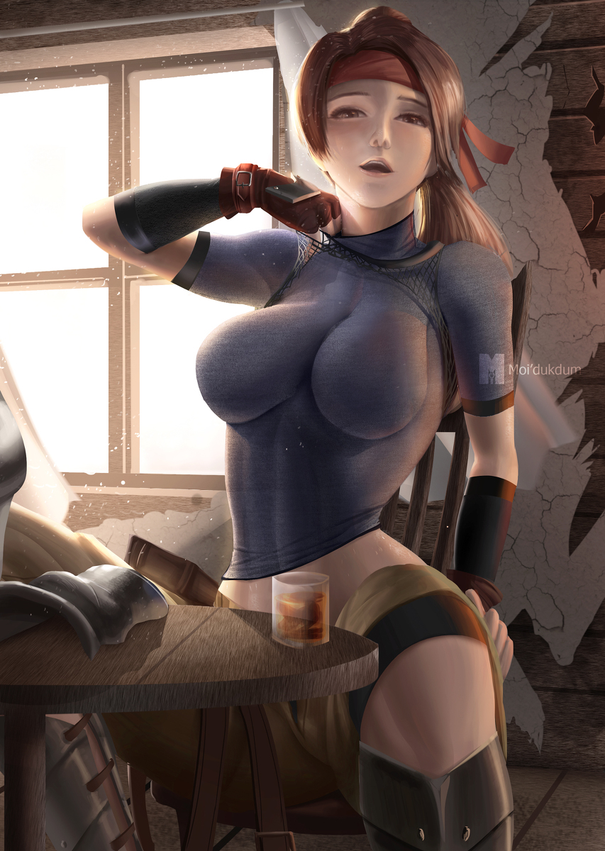 armor, bar, big breasts, boots, breasts, brown eyes, brown hair, clothed, drink, drinking, female, final fantasy, final fantasy vii, final fantasy vii remake, gloves, headband, indoors, inviting, jessie rasberry, legs apart, lifting clothing, medium breasts, moi-dukdum, open mouth, ponytail, shirt, showing off, sitting, spread legs, tight clothing