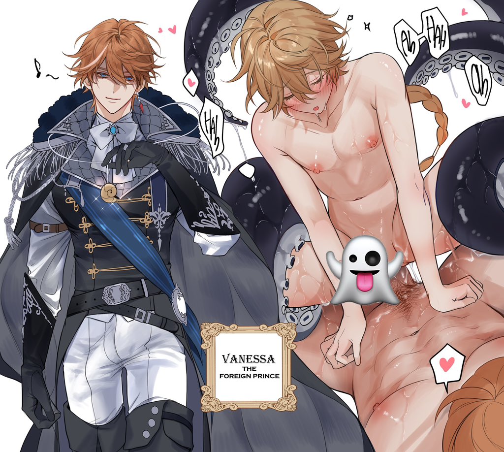 2boys abs aether_(genshin_impact) black_cape black_gloves black_vest blonde_hair blue_eyes brown_hair cape censored childe_(genshin_impact) closed_eyes closed_mouth completely_nude earrings emoji emoji_censor genshin_impact ghost_emoji gloves hair_between_eyes jewelry long_hair male_focus multiple_boys muscular muscular_male navel nude open_mouth pants pnk_crow pubic_hair sex single_earring smile stomach tartaglia_(genshin_impact) vest white_pants yaoi