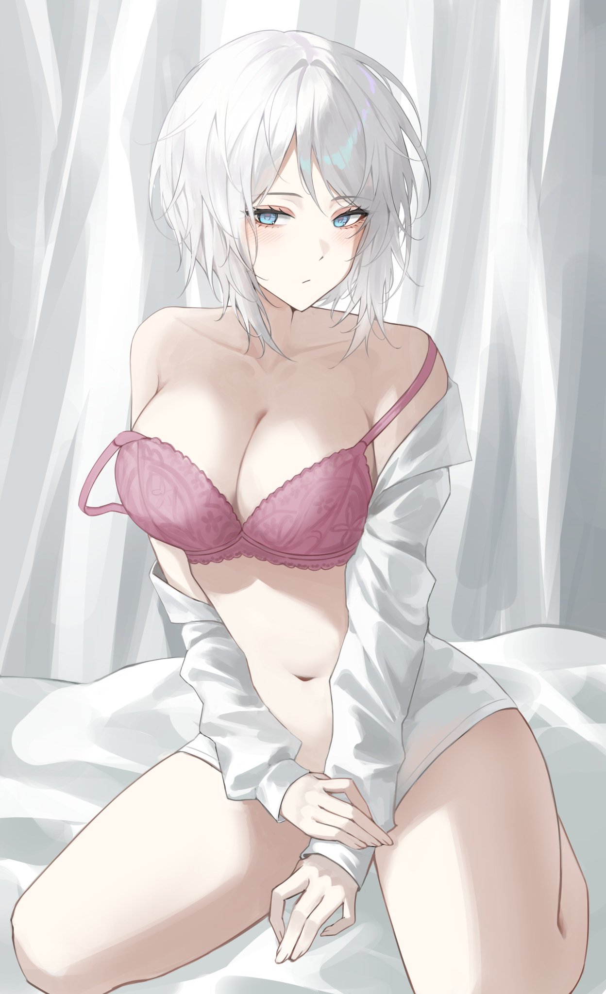 1girls, big breasts, blue eyes, blush, blush lines, blushing, blushing at viewer, bra, breasts, eonyan, exposed shoulders, faust (limbus company), female, large breasts, limbus company, looking at viewer, navel, pink bra, project moon, strap slip, tagme, thick thighs, thighs, white hair