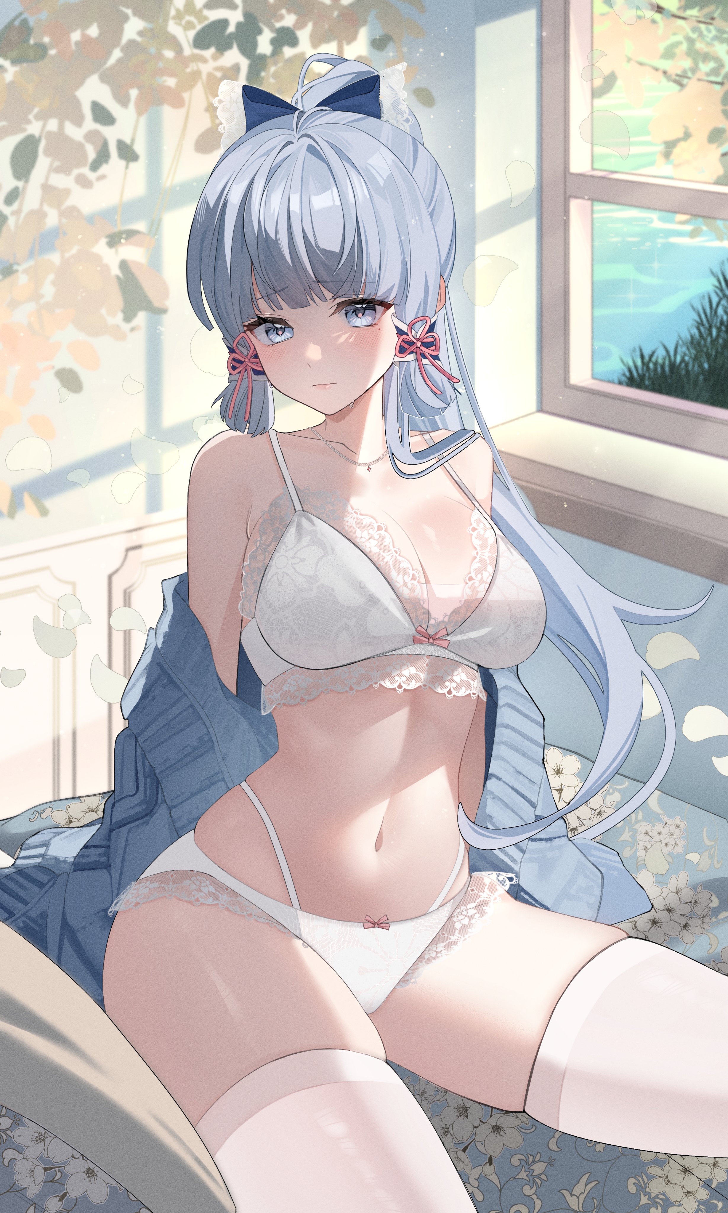 1girls, 2d, 2d (artwork), alternate costume, belly button, blue eyes, blue hair, bra, breasts, cleavage, day, female, female focus, female only, front view, genshin impact, high resolution, highres, hoyoverse, indoors, kamisato ayaka, light skin, light-skinned female, long hair, long ponytail, looking at viewer, medium breasts, mihoyo, navel, ohu21, ponytail, revealing clothes, sitting, slim female, solo, solo female, solo focus, thighhighs, thong, underwear, water, white bra, white thighhighs, white thong, white underwear, window, young, younger female