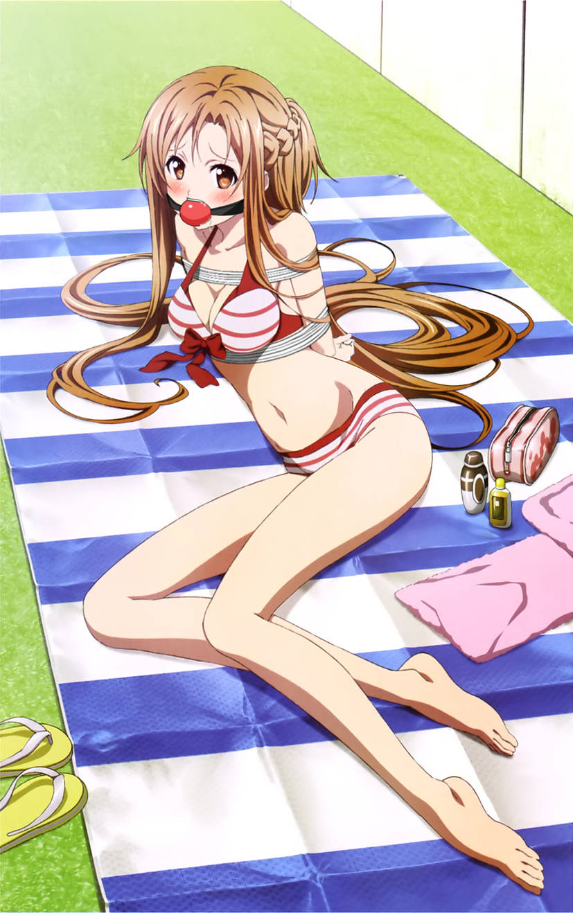 1girls arms_tied_behind_back ball_gag bikini bondage breasts brown_eyes brown_hair crown_braid flip-flops gag gagged grass long_hair looking_at_viewer medium_breasts midriff navel on_towel outside red_bikini red_swimsuit rope rope_bondage songokussjannin8000 striped_bikini striped_swimsuit sunbathing sunscreen swimsuit sword_art_online towel white_bikini white_swimsuit yuuki_asuna