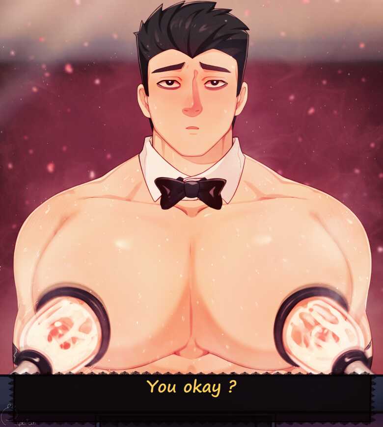 1boy animal_print bara bara_tiddies bara_tits big_breasts big_pecs black_bowtie black_hair bowtie bowtie_only busty erect_nipples francis_mosses huge_breasts huge_pecs huge_pectorals human human_only light-skinned_male light_skin male male_chest male_focus male_milking male_nipples male_only manboobs milk_squirt milking milking_breasts milking_cum milking_machine milking_machine_on_male milkman moan moaning moobs muscular muscular_male nipples pecs pectorals solo solo_focus solo_male standing sweat sweating text text_box that's_not_my_neighbor