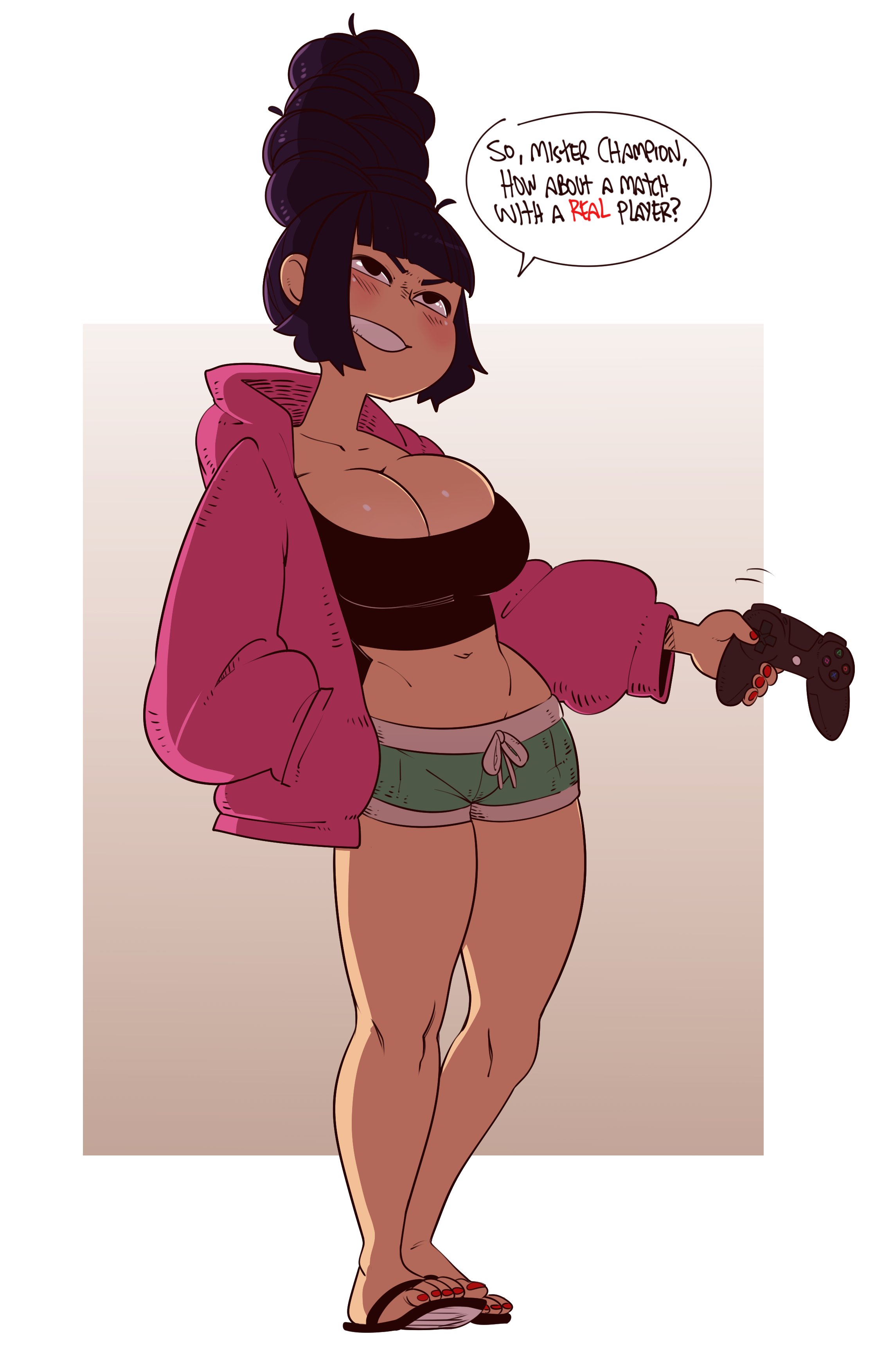 1girls, asian latina, big breasts, black hair, blush, breasts, challenge, cleavage, command grab, controller, english text, feet, female, huge breasts, latina, midriff, nuclearwasabi, playing videogame, sandals, shorts, slippers, smile, speech bubble, video games