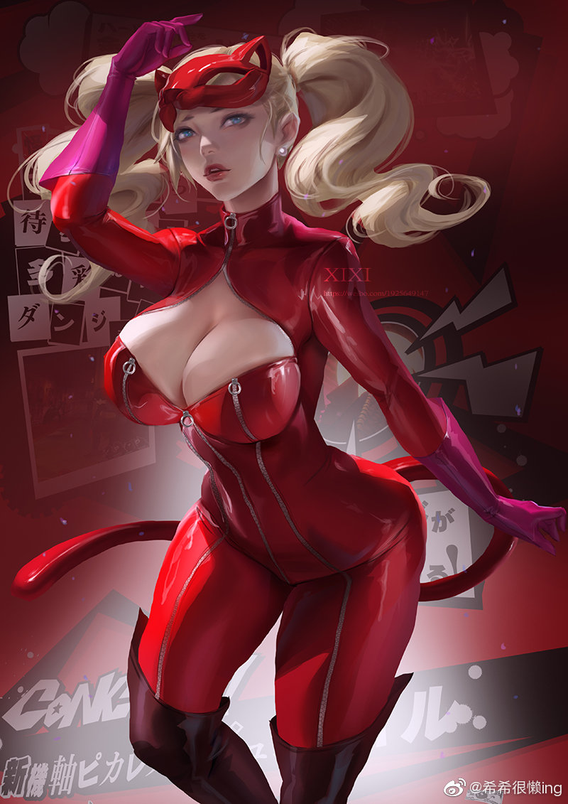 ann takamaki, atlus, big breasts, blonde hair, breasts, female, female only, human, long hair, megami tensei, pale skin, persona, persona 5, phantom thief suit, sega, solo, solo female, solo focus, twintails, xixi