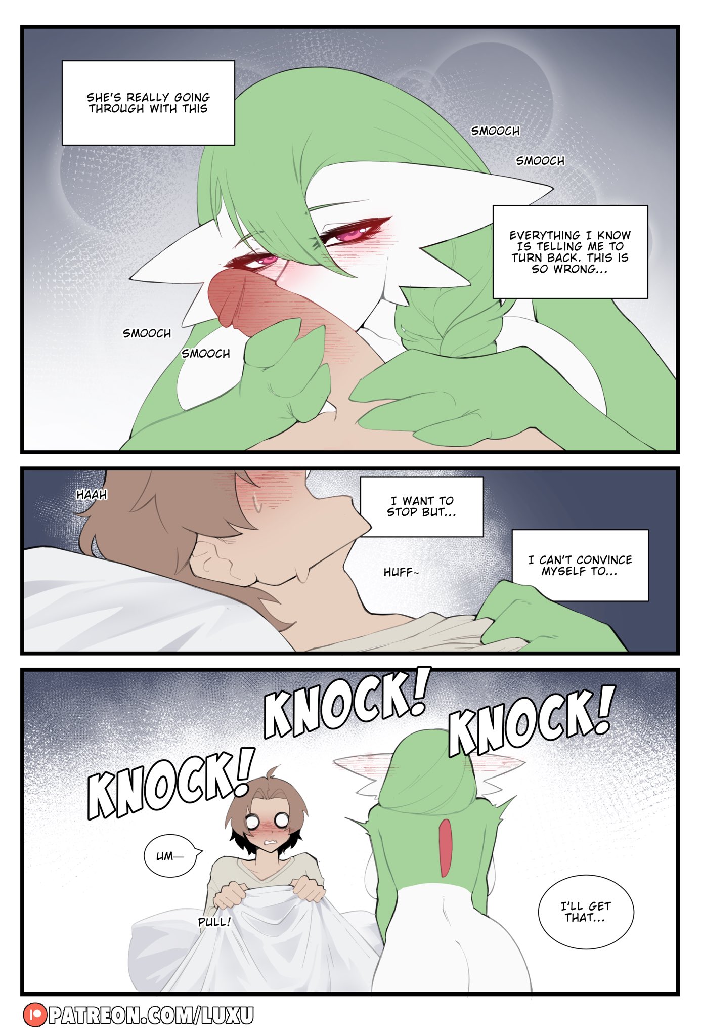 1boy, 1girls, ass, blush, clothing, cock worship, comic, daisy (luxurias), dialogue, english text, fellatio, female, gardevoir, generation 3 pokemon, hi res, human, human on humanoid, humanoid, interspecies, kissing, kissing penis, long hair, luxurias, male, male human/female humanoid, male human/female pokemon, narrowed eyes, nintendo, open mouth, oral, penis, penis grab, pink eyes, pokémon (species), pokemon, pokemon (species), pokephilia, sex, shirt, text, text box, wide eyed, wide hips