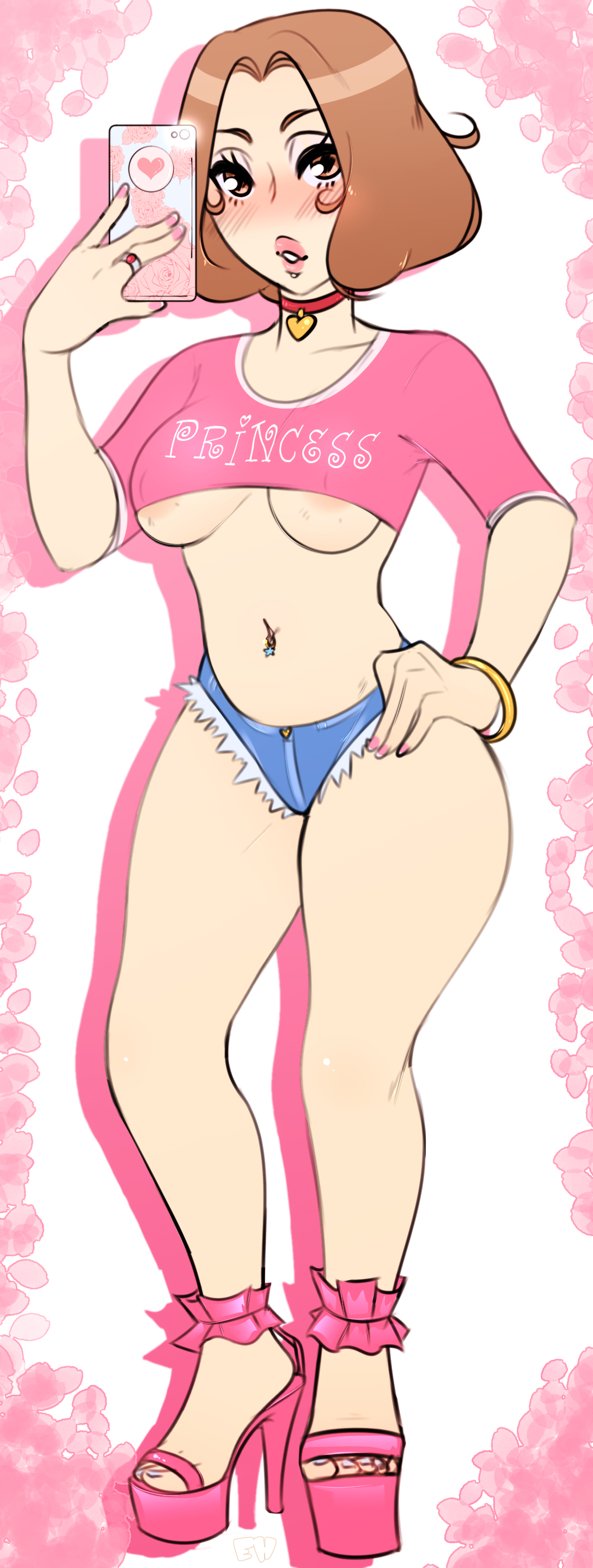 1girls, areola slip, atlus, bimbo, bimbofication, blush, bracelet, breasts, brown hair, choker, curvaceous, curvy, erect nipples, erohoney, female, female focus, female only, fluffy hair, gyaru, haru okumura, high heels, lilithn, makeup, navel piercing, nipples, no bra, open toe shoes, painted nails, painted toenails, persona, persona 5, phone, ring, selfie, short hair, shorts, skimpy, skimpy clothes, solo, solo female, solo focus, thick eyelashes, thick lips, thick thighs, underboob, wide hips