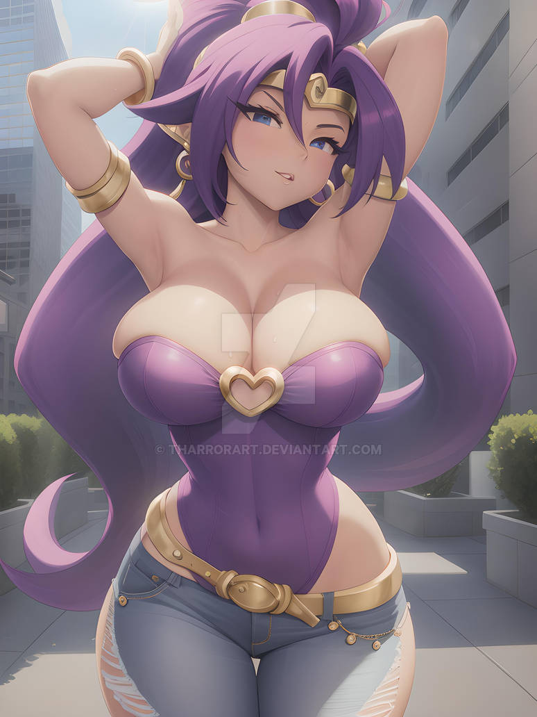 1girls ai_generated armband belt blue_eyes bracelet breasts building building_background circlet earrings hoop_earrings jeans large_breasts leotard leotard_under_clothes looking_at_viewer outside ponytail purple_hair purple_leotard shantae shantae_(character) tharrorart torn_pants