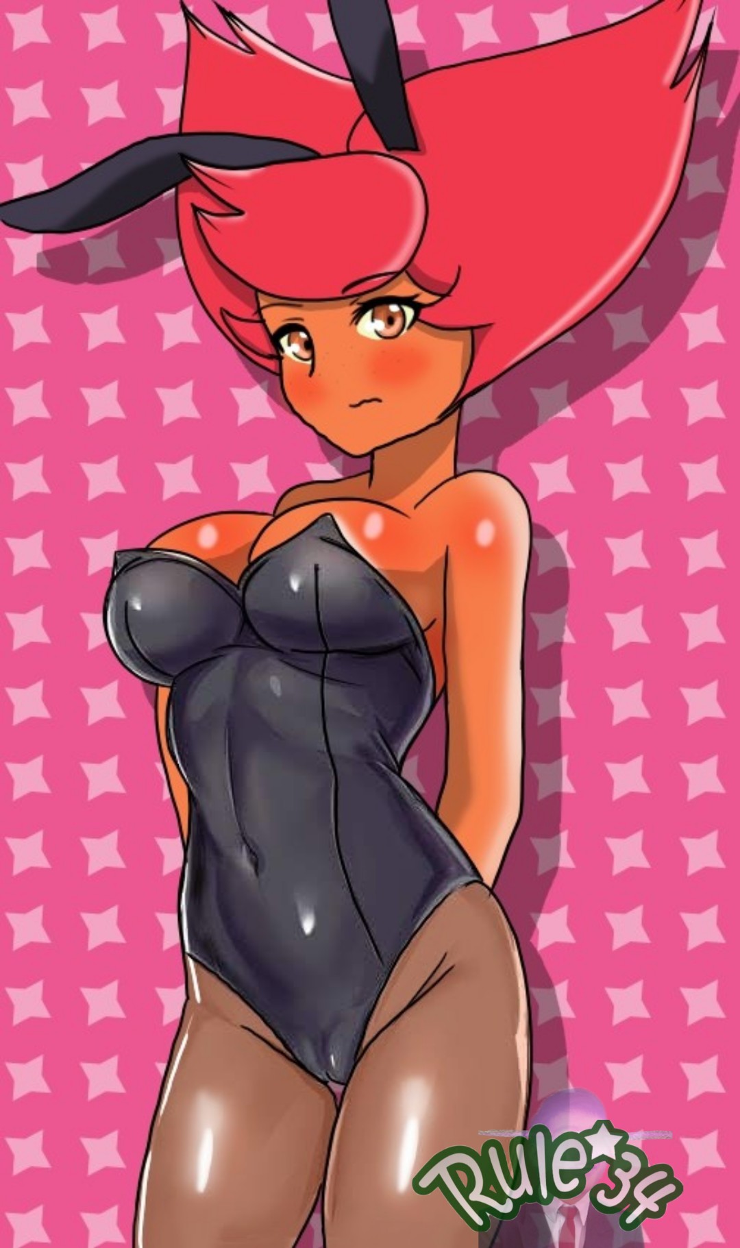 1girls, blush, breasts, brown eyes, bunny ears, bunny girl, bunnysuit, cameltoe, destripando la historia, female, female only, goddess, grabbing own ass, greek mythology, hands behind back, hestia (destripando la historia), looking at viewer, mythology, not porn, orange skin, pussy, red hair, watermark
