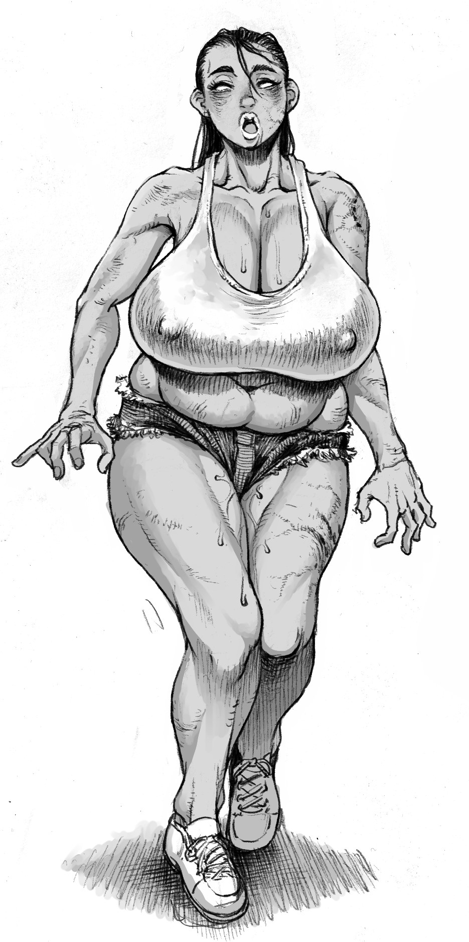 1girls, aroused, big breasts, bimbo, breasts, colored, double deck, drooling, excessive pussy juice, female, female only, horny, huge breasts, lips, monster, monster girl, musclegut, nipple bulge, nipples, no irises, no pupils, perky breasts, pussy, pussy juice, pussy juice drip, solo female, sweat, venus body, zombie, zombie girl