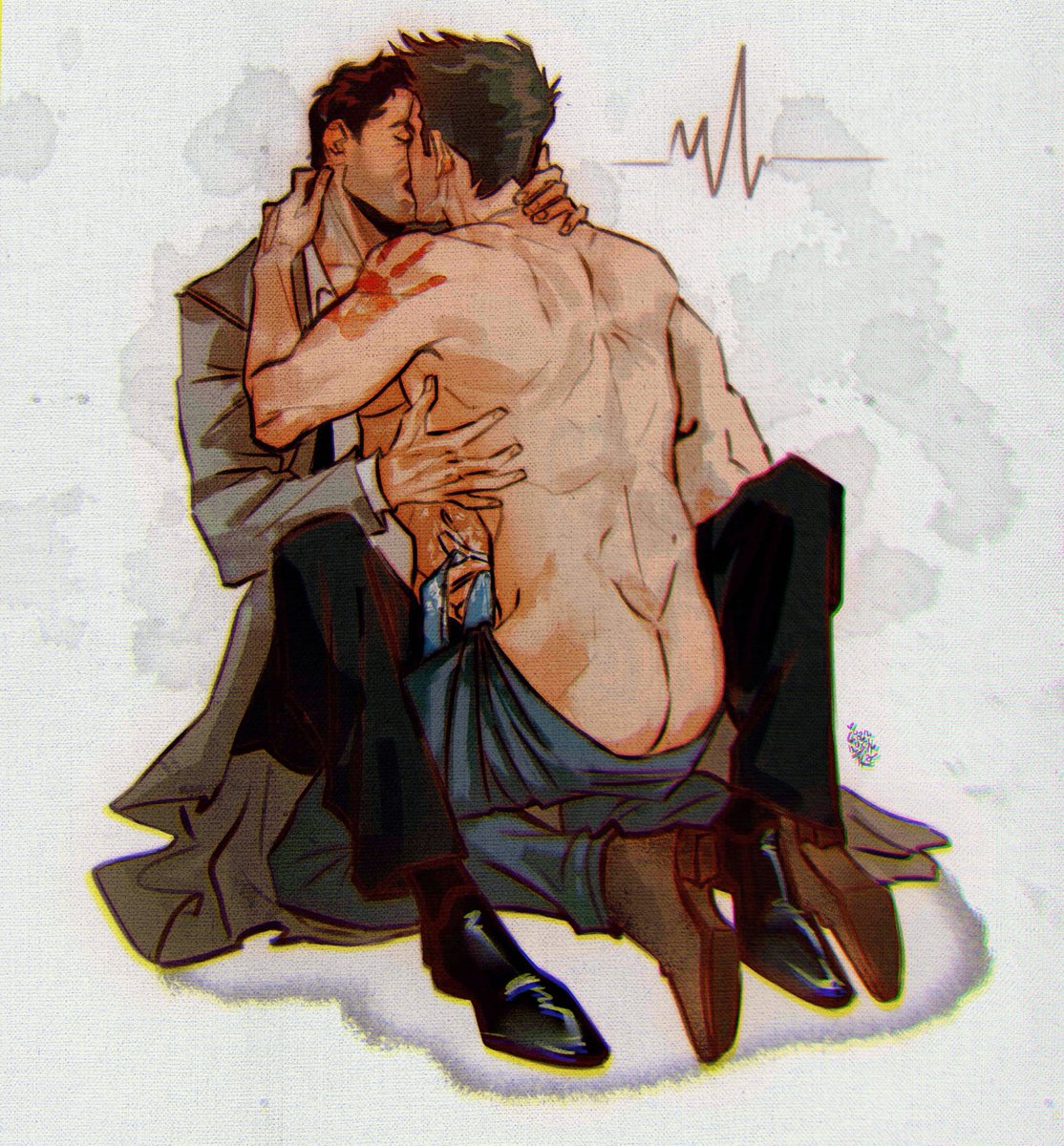 2boys actor angel artist_name artist_signature ass back_muscles bara beard_stubble black_hair brown_hair castiel castiel_(supernatural) celebrity closed_eyes cum dark_hair dean_winchester duo facial_hair gay gay_sex grabbing_penis half-dressed half_naked handjob handprint human in_character ioannushka jensen_ackles jerking jerking_off kissing kissing kneeling light-skinned_male light_skin male male/male male_only masturbating masturbation misha_collins muscles muscular muscular_male necktie open_shirt pants pants_down penis_grab sex shirt shirtless shirtless_male shoes spread_legs stubble supernatural_(series) tie trenchcoat yaoi