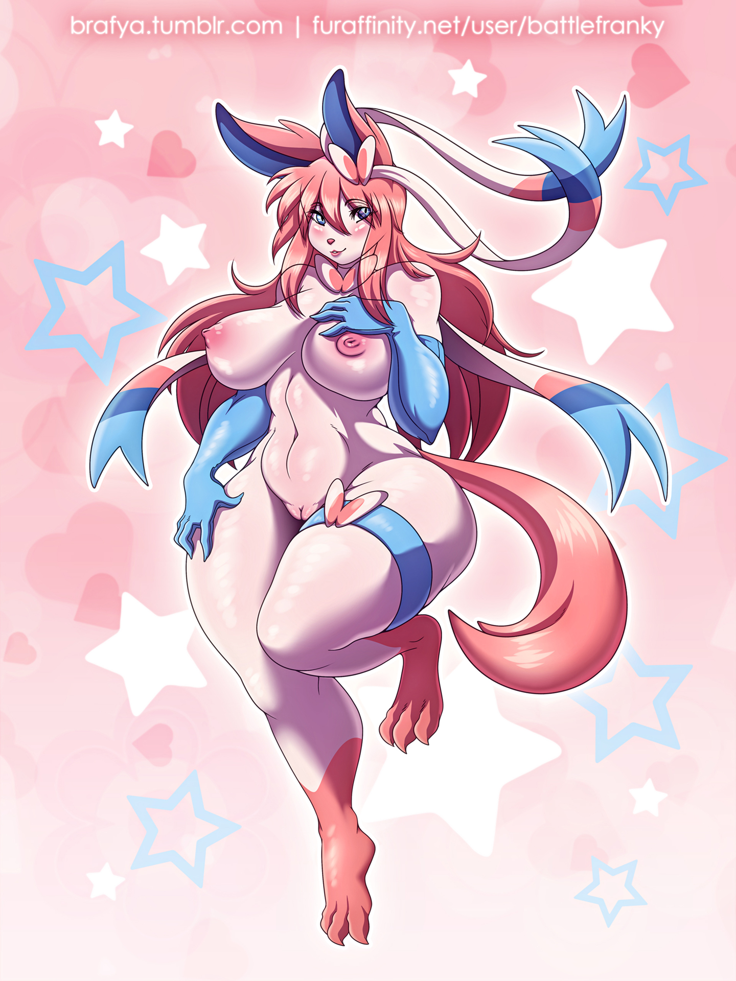 abs, anthro, anthrofied, ass, battle franky, blue eyes, blush, breasts, canine, claws, detailed background, eye contact, feet, female, female only, fur, furry, hair, half-closed eyes, huge ass, huge breasts, looking at viewer, nintendo, nipples, open mouth, open smile, original character, pink background, pink fur, pink hair, pokémon (species), pokemon, pokemon (species), pokemon xy, pussy, ribbons, smile, solo, sylveon, teeth, text, thick thighs, url, vagina, voluptuous, watermark, wide hips