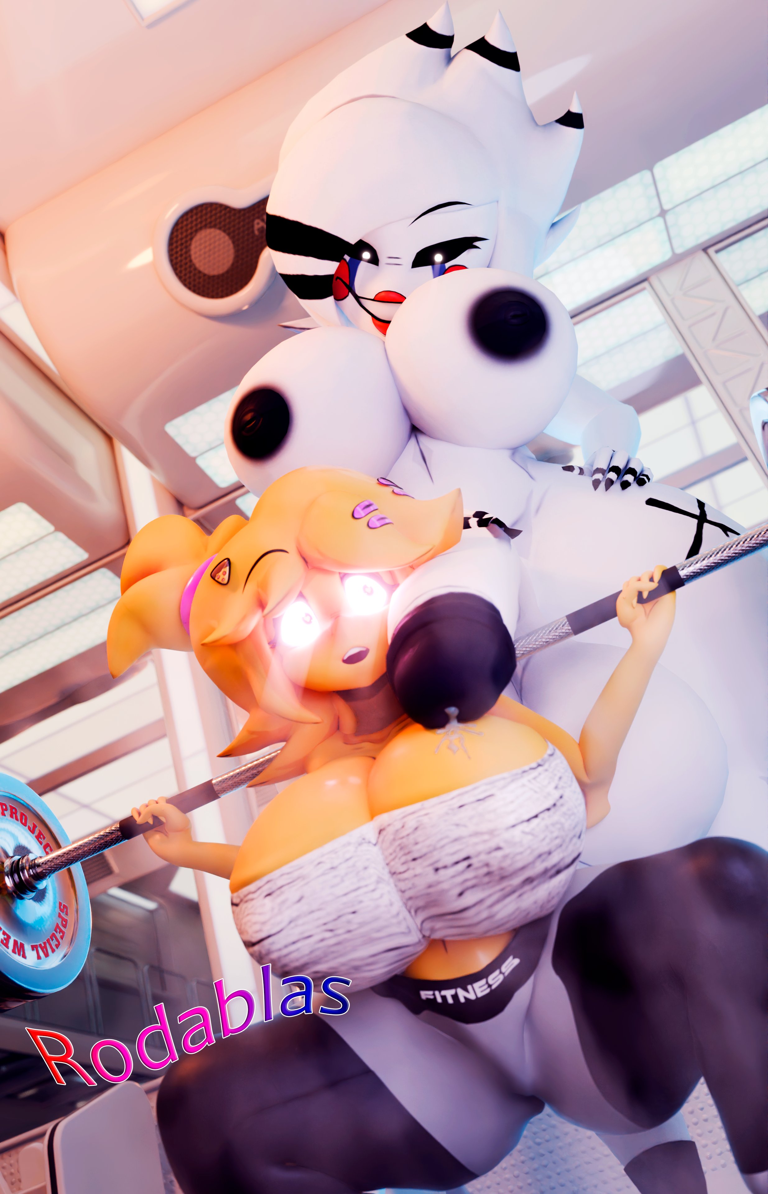 1girl, 1girls, 3d, 3d (artwork), chica (fnaf), chiku, chiku (cryptia), female, five nights at freddy's, fredina's nightclub, futa on female, futanari, gym, marie (cally3d), marionette (fnaf), puppet (fnaf), size difference, tagme