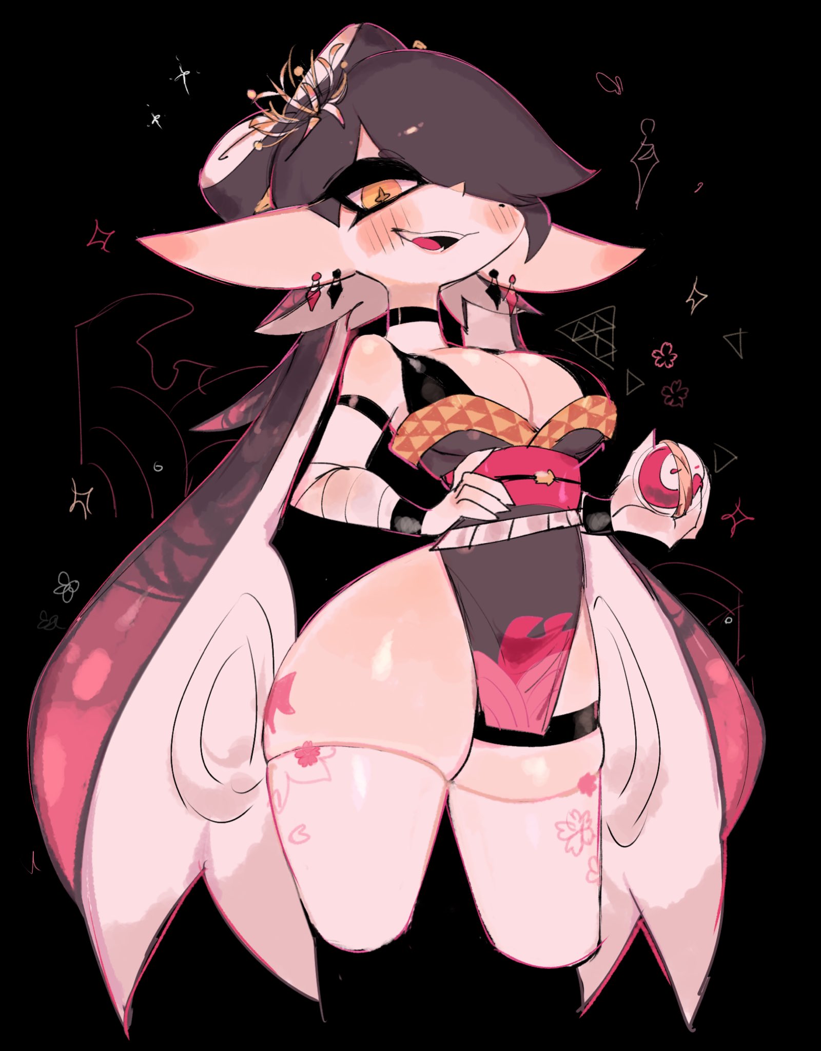 1girls, black hair, breasts, callie (splatoon), cleavage, female, female only, nintendo, splatoon, thick thighs, thighhighs, thighs, usa37107692, yellow eyes