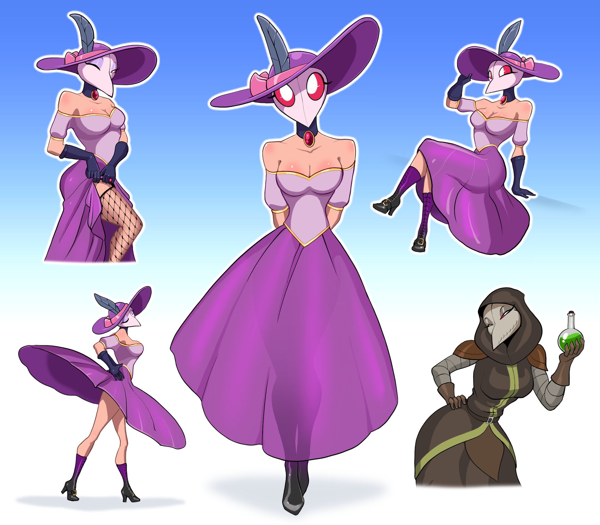 cute, dress, dress lift, female, fishnets, hat, lady pandemica, mask, masked female, plague doctor, plague doctor (darkest dungeon), plague doctor mask, purple dress, spacemaxmarine