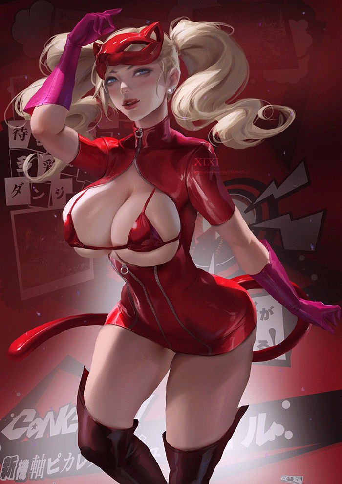 ann takamaki, atlus, big breasts, blonde hair, breasts, eyewear, female, female only, handwear, human, legwear, long hair, megami tensei, pale skin, persona, persona 5, phantom thief suit, sega, solo, solo female, solo focus, twintails, xixi