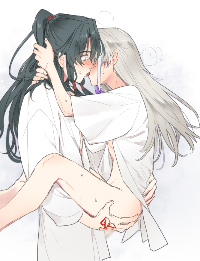 2boys anal androgynous archer_(fate/samurai_remnant) arms_around_neck blur_censor blush carrying carrying_person censored command_spell fate/samurai_remnant fate_(series) french_kiss green_hair grey_hair high_ponytail keclpshvli kissing lifting_person long_hair male_focus multicolored_hair multiple_boys otoko_no_ko partially_undressed ponytail sex shirt streaked_hair sweat tassel white_background white_hair white_shirt yaoi zheng_chenggong_(fate)