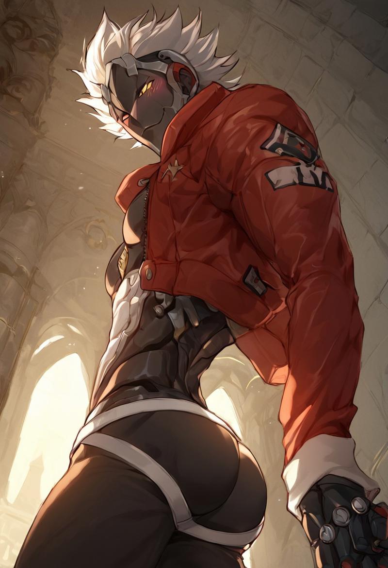 ai_generated ass biceps billy_kid_(zenless_zone_zero) gay jockstrap jockstrap_only looking_at_viewer looking_back male male_only muscular muscular_male red_jacket toned_body toned_male twall97 white_hair zenless_zone_zero