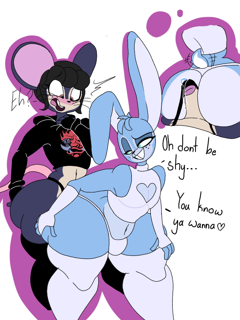 anthro big_ass black_nose blue_fur boner_in_underwear bunny_boy dick_on_ass eyeshadow female femboy femboy_on_female furry gay hand_on_butt hoodie japansadface leggings looking_down looking_pleasured male mouse_boy not_my_oc tail teasing text thing