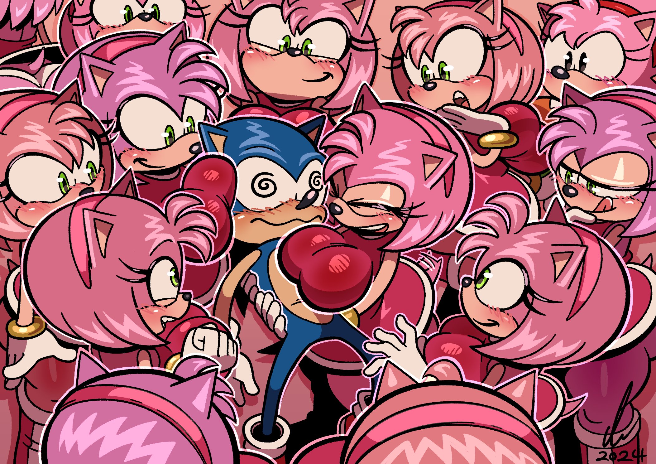 1boy, amy rose, big breasts, boots, bracelet, breasts, classic amy rose, classica p, clone, clones, dress, female, furry, gloves, hairband, male, multiple females, multiple girls, multiversal counterpart grouping, pierump, sega, shoes, sonic (series), sonic the hedgehog, swirly eyes