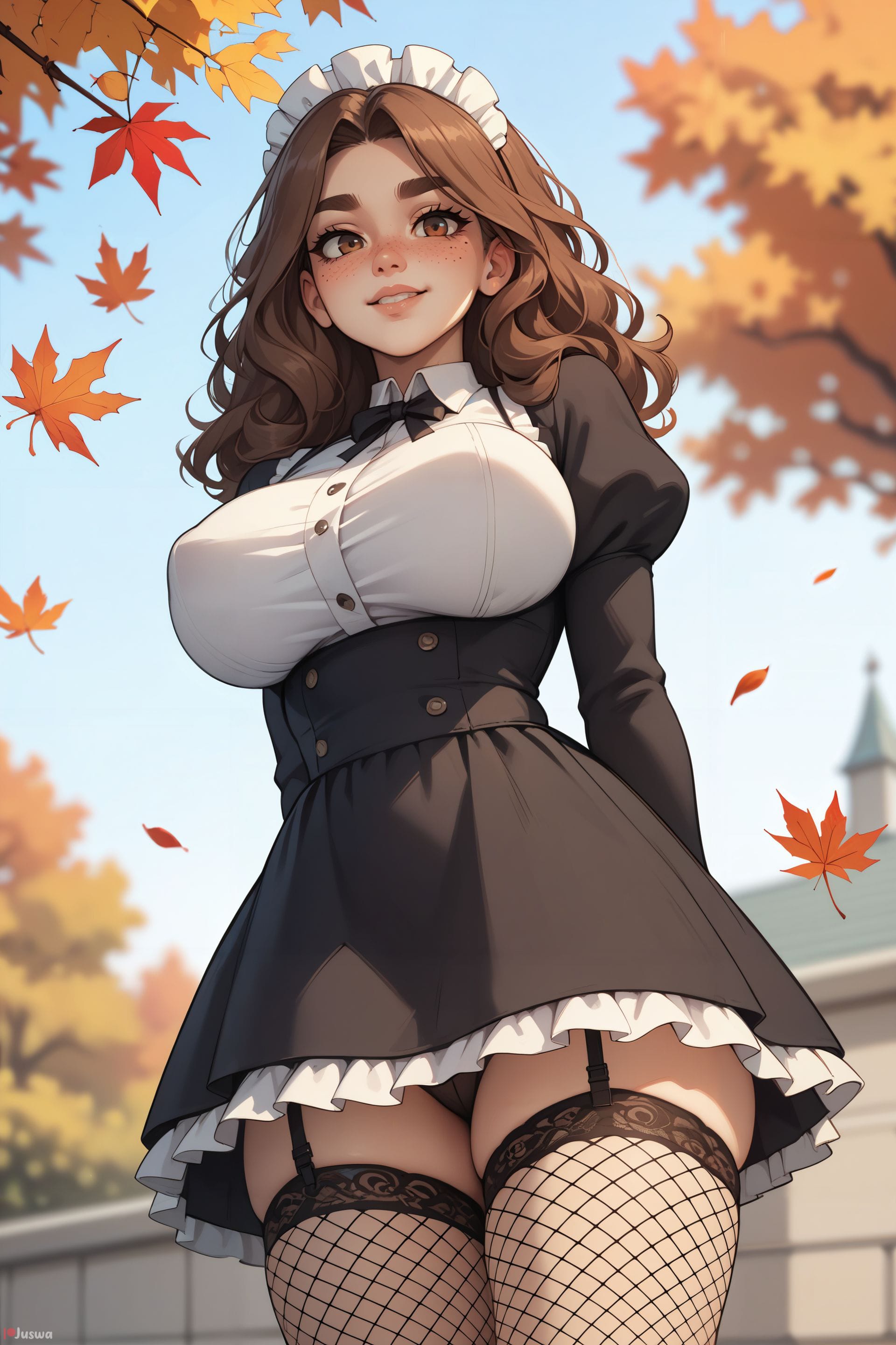 ai generated, autumn leaves, breasts, brown eyes, brown hair, female, female only, fishnet thighhighs, fishnets, garter straps, juswa, large breasts, leaf, looking at viewer, maid, maid headdress, outdoors, panties, smile, solo, stockings, thighhighs, underwear