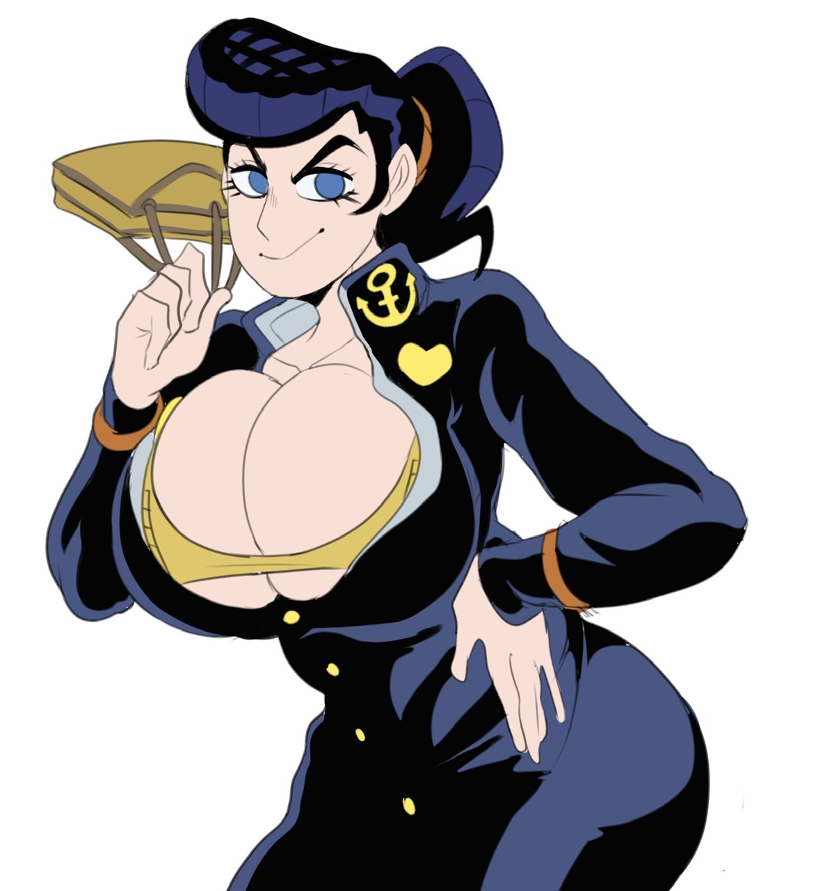 1girls, big breasts, breasts, cleavage, detnox, diamond is unbreakable, female, hair, huge breasts, human, jojo's bizarre adventure, josuke higashikata, light skin, light-skinned female, looking at viewer, pose, rule 63, shounen jump, simple background, smile, solo